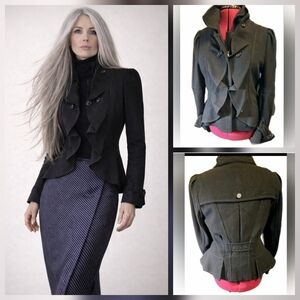 BCBG Max Azria Black Wool Sculpted Coat Ruffle Collar Zip Jacket